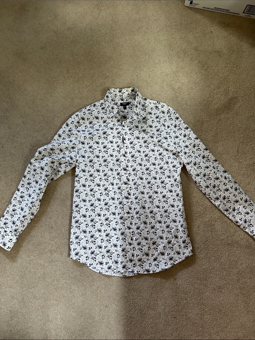 Express Slim White Button-Down Formal Shirt with Gray Floral Print Like New!